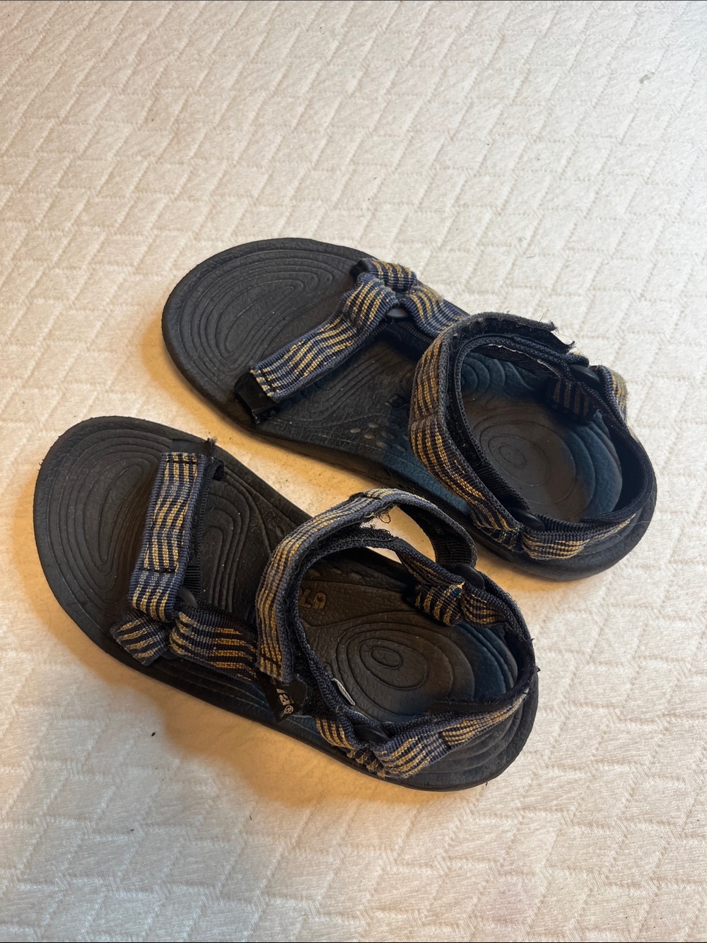 Teva kid’s Black Sandals with Blue Striped Webbing - adjustable Velcro. Kids 2